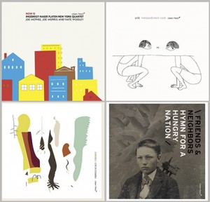 Clean Feed-utgivelser, øverst fra venstre: Ingebrigt Håker Flaten New York Quartet,  Snik, Zanussi 5 og Friends & Neighbors.