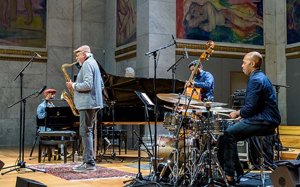 Charles Lloyd med Jason Moran (piano), Harish Raghavan (bass) og Eric Harland (trommer). Foto: Egil Austrheim/Oslo Jazzfestival