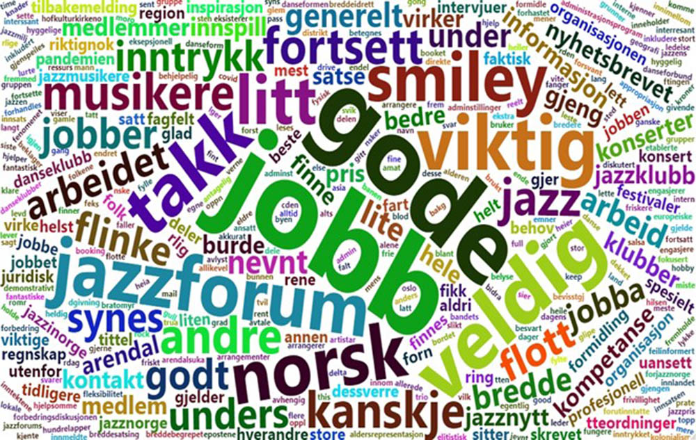 Ordsky fra Norsk jazzforums medlemsundersøkelse. Illustrasjon: Telemarksforskning