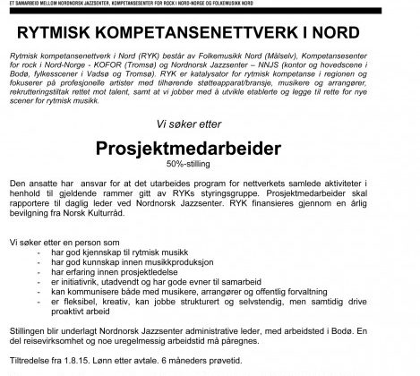 Ledig stilling som prosjektmedarbeider i 50%-stilling. Rytmisk Kompetansenettverk i Nord