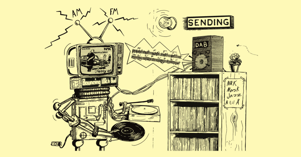 Mange norske radiolyttere vil nok kjenne til den stort sett ordløse stemningen NRK Jazz forsøker å sette, 24 timer i døgnet. Men hvorfor ble det akkurat sånn? I det nyeste Jazznytt forteller vi om kanalens historie fra sin spede begynnelse til hvordan den låter i dag. Illustrasjon: Erik Johannessen